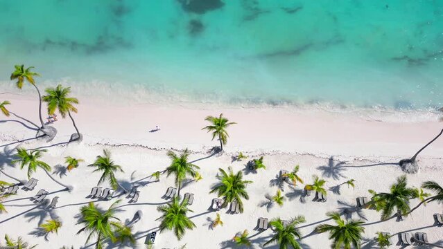 Aerial top view along tropical hotel beach with white sand and palm trees. Turquoise water of the Caribbean sea. Best place for summer vacations