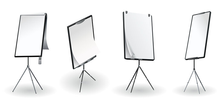 Flipchart mockup set at different angles. Presentation and seminar whiteboard with blank paper sheets. Flip chart on tripod with space for text,  illustration isolated on white background