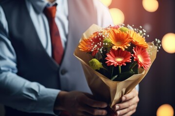Person Holding Bouquet of Flowers with Blur Bokeh Background. Ideal for Businessman, Boss, CEO, or Partnerships. Surprise Honor, Close-Up Copy Space for Banner or Poster.