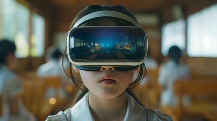 A child with a VR headset stands in a real classroom, immersed in a digital learning environment.