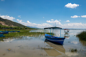Fototapeta premium Decorated day-trip boats in Isikli Lake in Denizli's Civril district. Isıkli Lake is flooded with visitors during lotus time. It is also a popular lake for hunters.
