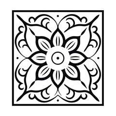 Blank red page with very simple single flower mandala outline design border, square shape