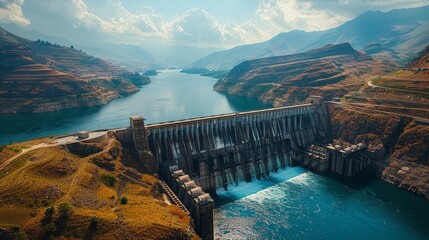 An imposing hydroelectric dam spans a river, nestled within the rugged terrain of a mountain valley, illustrating the scale of human ingenuity in harnessing nature's power.