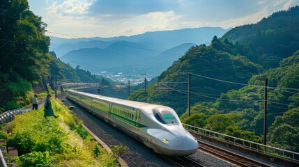 Passengers watch as a bullet train travels swiftly alongside a mountain range, offering breathtaking views of the valley below.