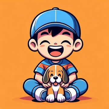 a cartoon boy, laughing, sitting cross-legged, wearing a blue baseball cap, holding a beagle puppy, full body
