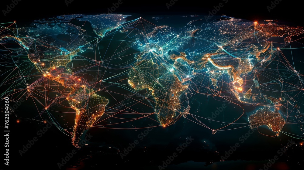 Poster a vivid visualization of global connections with brightly lit network lines spanning across the cont
