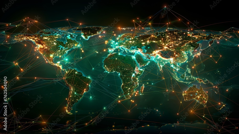 Leinwandbilder a sophisticated visualization of an interactive global network with data streams represented by glow
