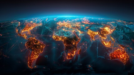 A digital composite highlighting global connectivity with illuminated network lines and data exchanges over a night-time Earth. - obrazy, fototapety, plakaty