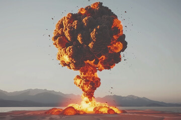 Majestic explosion at dusk against mountainous backdrop with intense fireball eruption