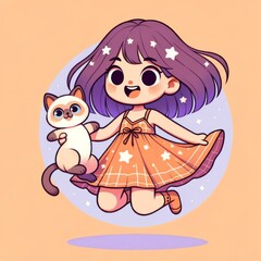 a cute cartoon girl, jumping joyfully, wearing an orange dress with stars, holding a Siamese kitten, full body