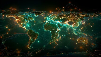 A sophisticated visualization of an interactive global network with data streams represented by glowing lines connecting continents.