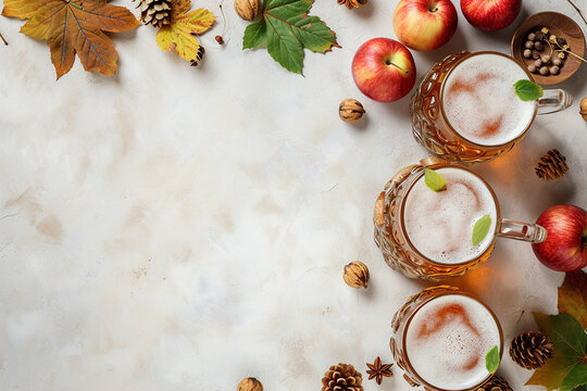 Three glasses of beer with apples and nuts on a table