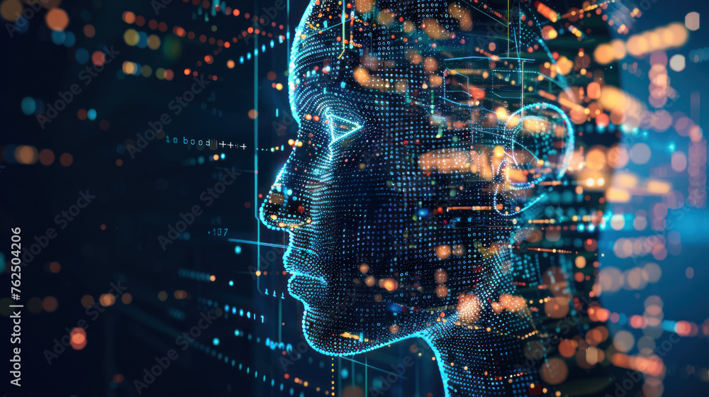 Poster profile view of a digital human face made with a network of lines and dots alongside flowing data st