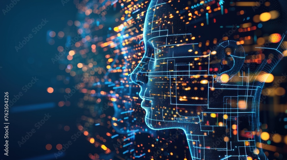 Poster a conceptual image illustrating a digital human head with glowing dots and lines resembling a networ