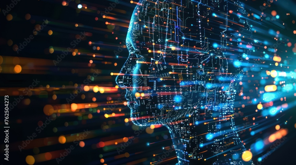 Poster this vibrant image depicts a side profile of a cybernetic head with bright circuits and data streams