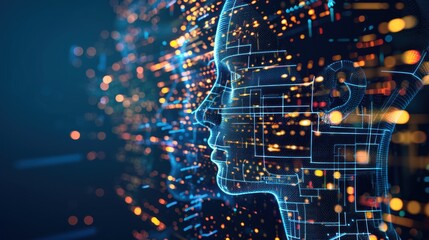 Obraz premium A conceptual image illustrating a digital human head with glowing dots and lines resembling a network or artificial intelligence