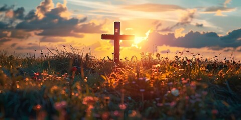 Ascension Day: Religious Worship in a Sunlit Field. Concept Ascension Day, Religious Worship, Sunlit Field, Spiritual Gathering, Faithful Reflection - obrazy, fototapety, plakaty