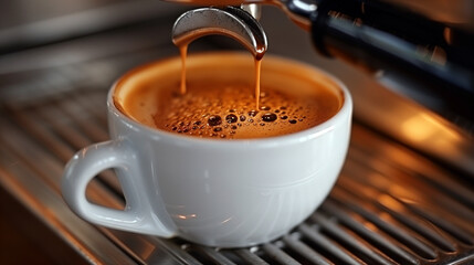 Closeup of an espresso cup under a coffee machine.