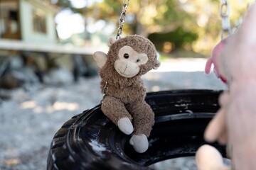 stuffed animal toys swinging on a tyre swing on the  beach