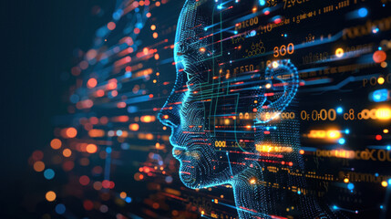 The image shows a detailed digital face made of lines and illuminated code suggesting a complex digital being
