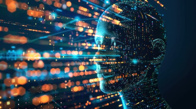 A profile of a digitally constructed human head with glowing nodes and data streams that denote a high-tech environment