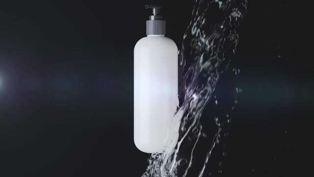 Closeup bottle cosmetics splashing with water liquid slow motion on black Blackground. 3D animation