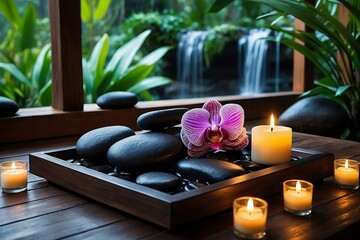Illustration showcasing a dark spa setting with massage stones arranged on dark wooden trays, surrounded by shimmering tealight candles and exotic orchids, against a backdrop.