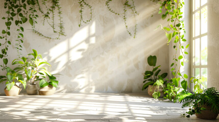 Indoor garden with sunlight casting shadows on a white wall