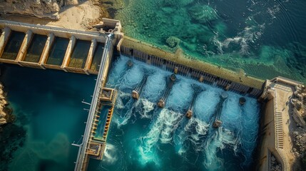 Top-down perspective of a coastal water break structure with turbulent water churning through its barriers, juxtaposed against calm seas. - obrazy, fototapety, plakaty