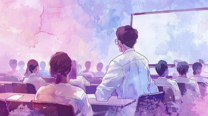 Teacher's Day Celebration. Abstract Purple Watercolor Oil Painting Sketch Art Drawing Graffiti Background. Teacher Gives Speech to Seated Students. Copy Space for Banner or Poster