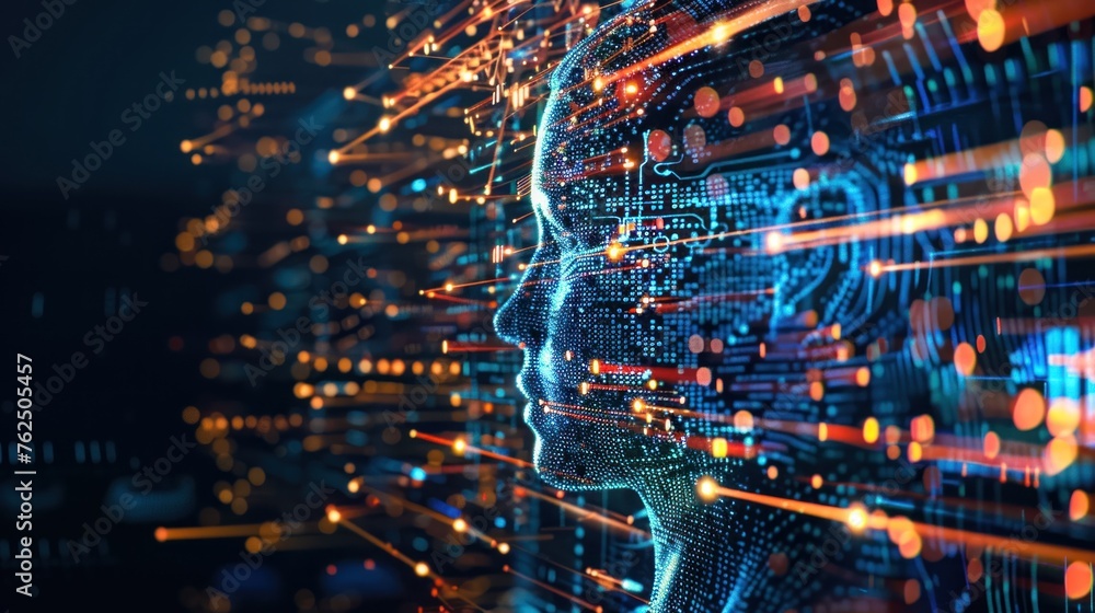 Poster a side profile view of a digital ai human face surrounded by intricate abstract technological elemen