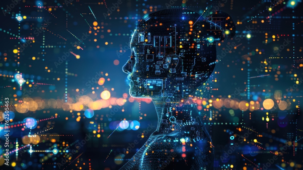 Poster digital human profile with integrated circuit elements depicting technology, computing, and artifici