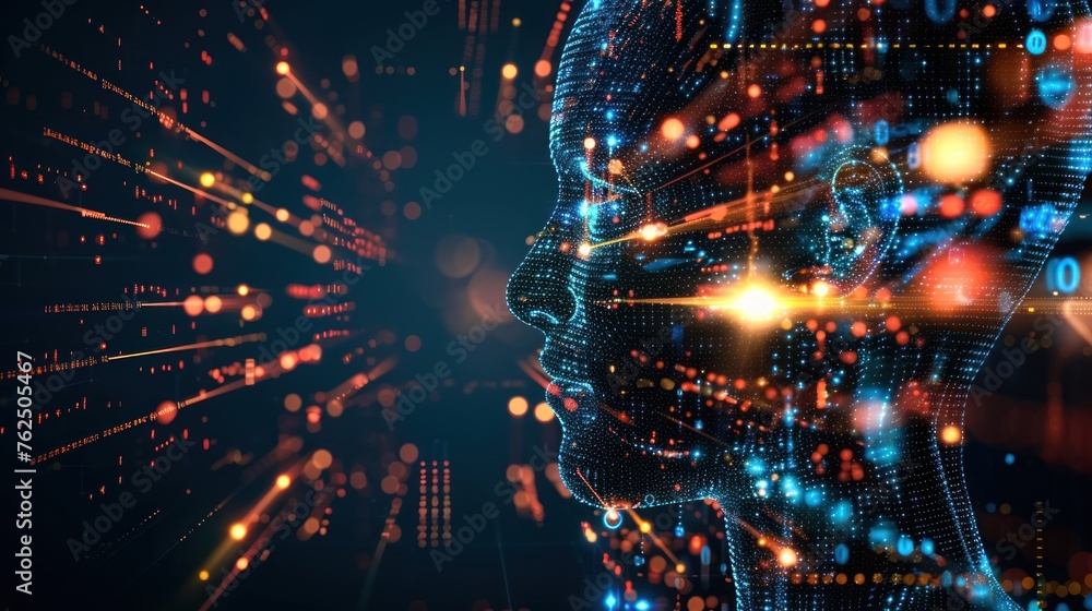 Poster detailed 3d visualization of an ai human head profile with a surrounding network of digital connecti