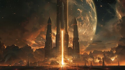 A spacecraft launchpad with towering structures, glowing with activity against a backdrop of a huge celestial body and starlit sky. - obrazy, fototapety, plakaty