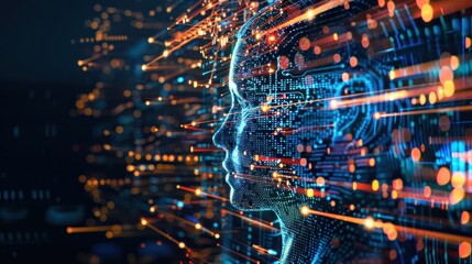 A side profile view of a digital AI human face surrounded by intricate abstract technological elements and data visualization