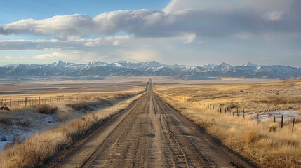 Fototapeta na wymiar A long dirt road leading through a vast, open prairie towards distant snowy mountains under a dramatic cloudy sky.