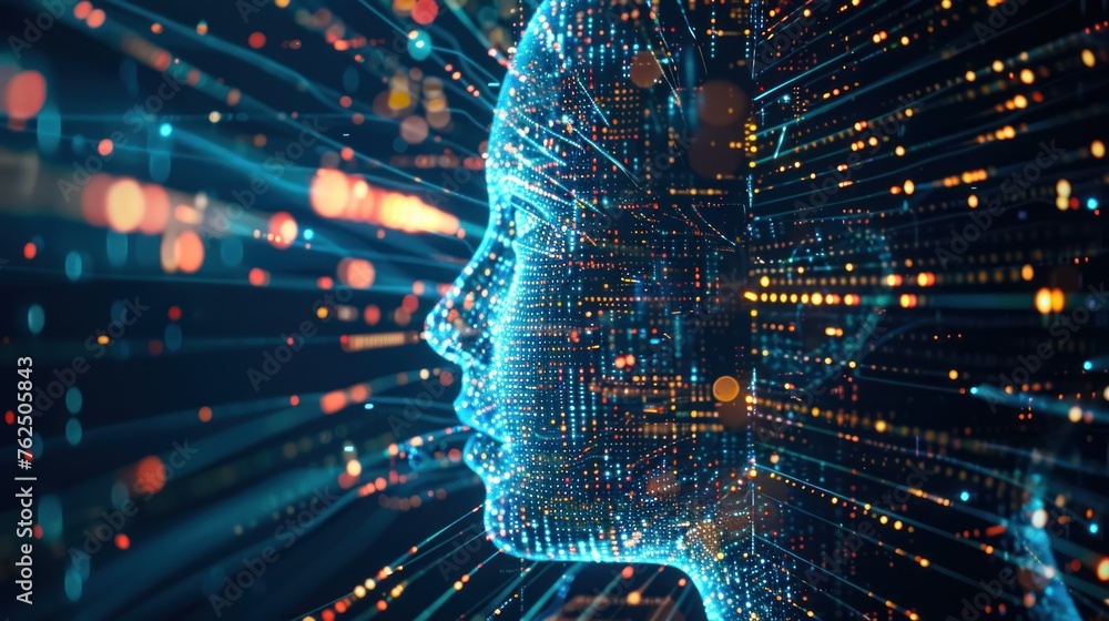 Poster a close-up of a digital human face composed of bright glowing lines and data points, illustrating ai