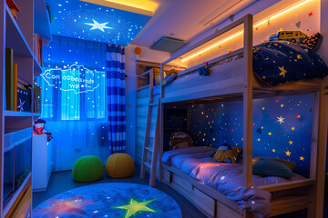 A whimsical children's bedroom filled with playful colors, a castle-themed bunk bed, and a star projector on the ceiling