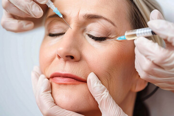 Close-up of a middle-aged woman receiving a botox or filler injection.A middle-aged woman is having her face treated with a syringe in a beauty clinic.