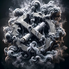 A close-up view of smoke artfully swirling around a forbidden sign, symbolizing the toxic nature of tobacco addiction. The smoke is thick and detailed, with curls and tendrils wrapping around the sign