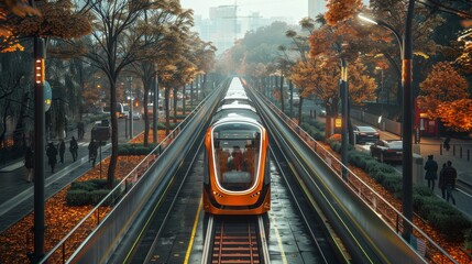 An advanced tram moves through a tree-lined city street, among pedestrians and autumn leaves, in a serene urban morning. - obrazy, fototapety, plakaty
