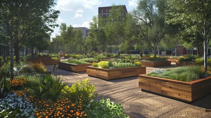 Obraz premium Spacious urban garden featuring wooden raised flower beds filled with lush greenery and flowers, shaded by mature trees.