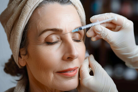 Cosmetologist makes an injection in the face of a beautiful middle-aged woman.Photo of middle aged woman getting botox treatment or filler on her face.