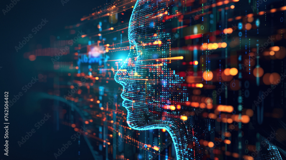 Poster a digital cybernetic profile of a human face against a backdrop of data points, highlighting ai and 
