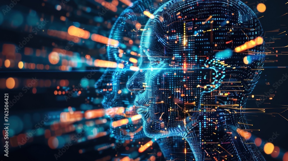 Poster a visual representation of a digital human face overlaid with intricate circuitry patterns and glowi