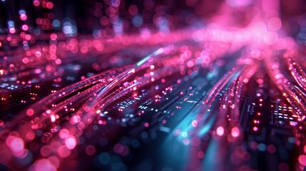 Close-up of glowing fiber optic cables with vibrant pink and blue lights representing high-speed data transmission.