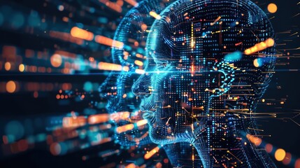 A visual representation of a digital human face overlaid with intricate circuitry patterns and glowing lights