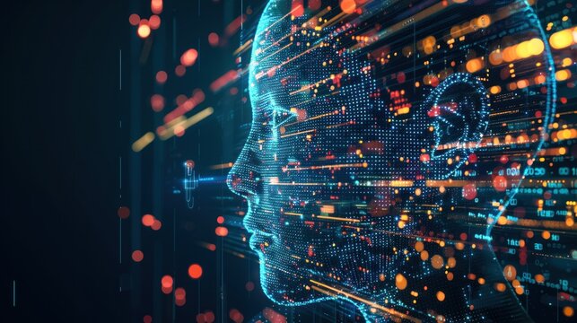 A depiction of a modern digital face made of data points and flowing information symbolizing connectivity