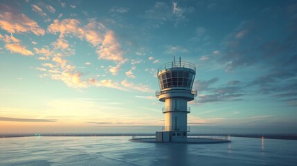 The commanding presence of an airport control tower stands against a picturesque sunset sky, overlooking the vast airport runway. - obrazy, fototapety, plakaty
