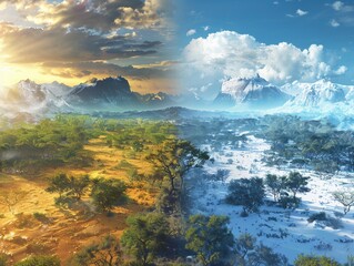 Obraz premium Create a visual journey through untouched wilderness, featuring a progression of aerial shots transitioning from vibrant tropical jungles to arid savannas and finally to serene snowy 
